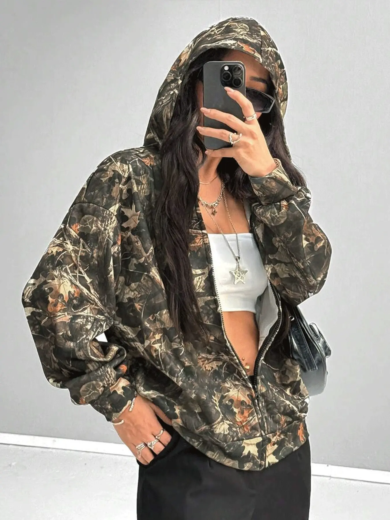 Leaf Camouflage Print Loose Fit Zip-Up Hoodie, Casual Long Sleeve Sweatshirt, All Seasons, All over Print, Comfortable and Stylish