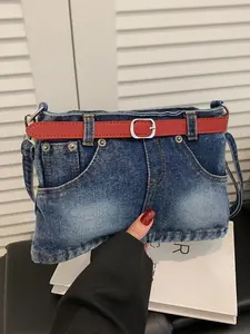 New casual denim skirt with single shoulder crossbody women's bag, featuring a red leather strap simple and stylish denim skirt underarm bag Crossbody Clutch Bag Fashionable Casual Bag Crossbody Shoulder Handbag