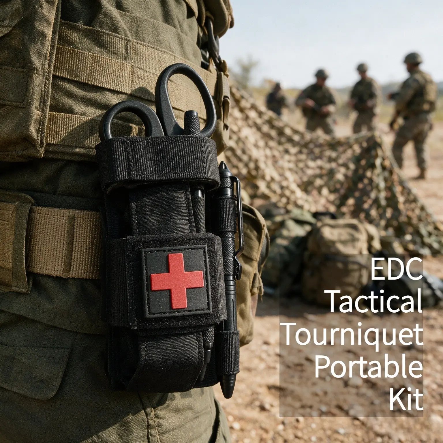 EDC Tactical Tourniquet Portable Emergency Equipment Kit, Emergency Supplies, Nylon Pouch with Red Cross, MOLLE Belt Attachment, One-Handed Quick Operation, Includes CAT Tourniquet/Scissors/Tactical Pen, 1 Set