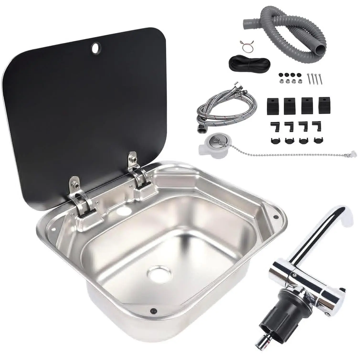 Cafe Bar Kitchen RV Sink with Folding Faucet A and Lid, Stainless Steel Single Bowl Hand Wash Basin Drop In Sink with Cover for Bar Caravan Van RV Camper Motor Home Trailer Accessories