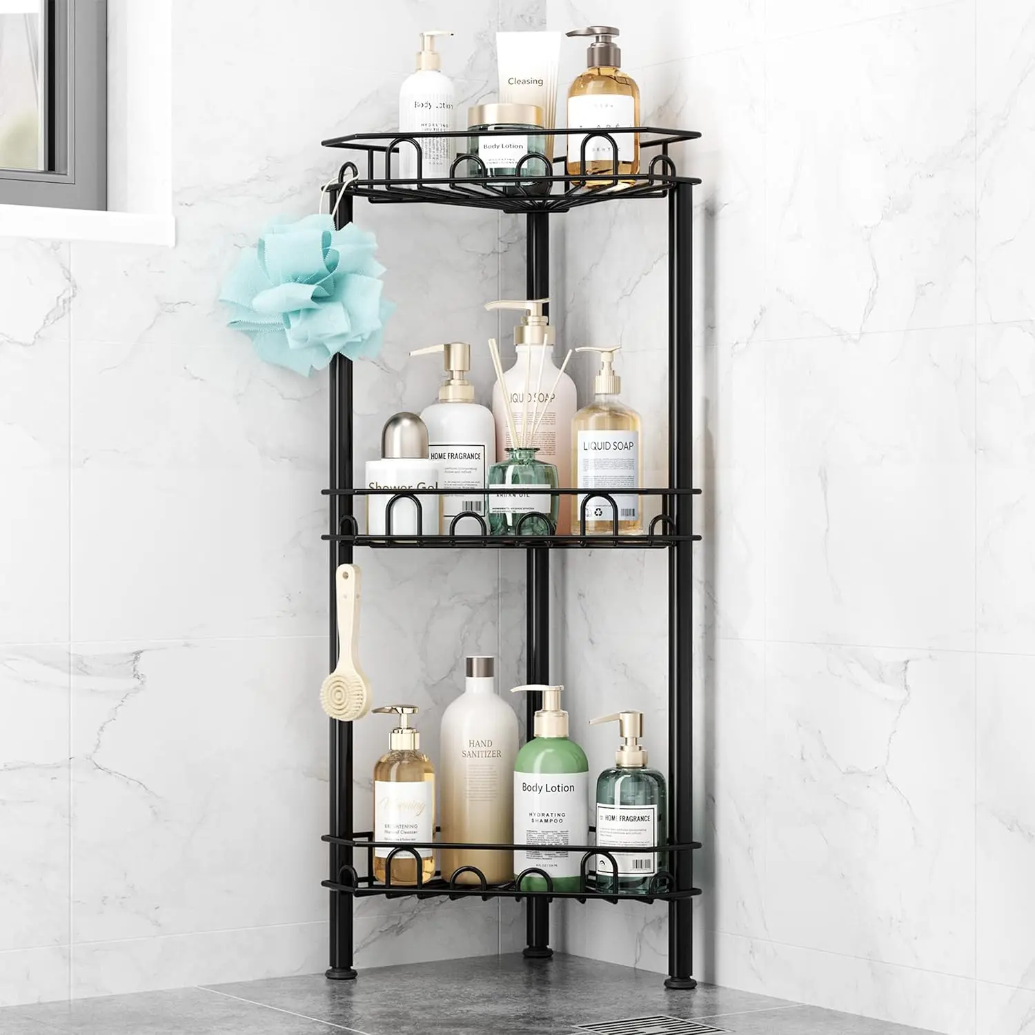 Standing Shower  Corner - 3‑Tier Stainless Steel Shower Organizer Shelf with 12 Hooks and Adhesive Pads, Rustproof Corner Shelves Stand Rack for Bathroom Shower Room, Black