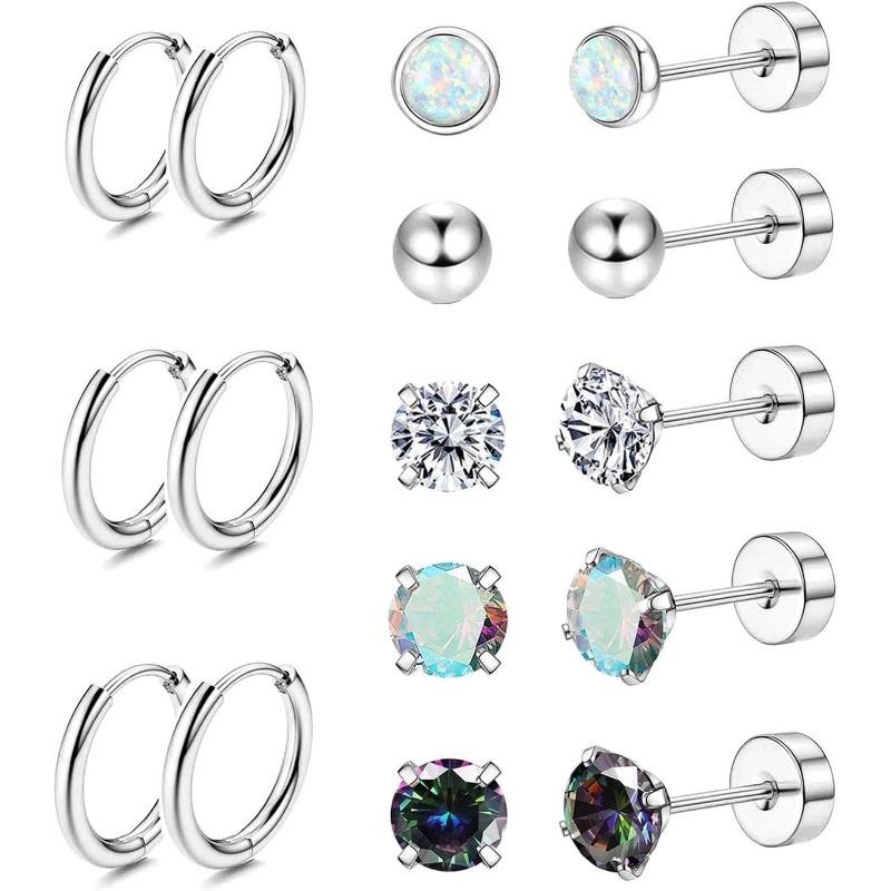 8Pairs Surgical Steel Flat Back Earrings for Sensitive  Hypoallergenic 20G Stainless Steel Stud Hoop Earrings for Women Men Small Opal Ball CZ Cartilage Earrings Hoop Stud Flatbackearrings Fashionable Jewelry Accessories Vvs Moissanite Ear Hook Design