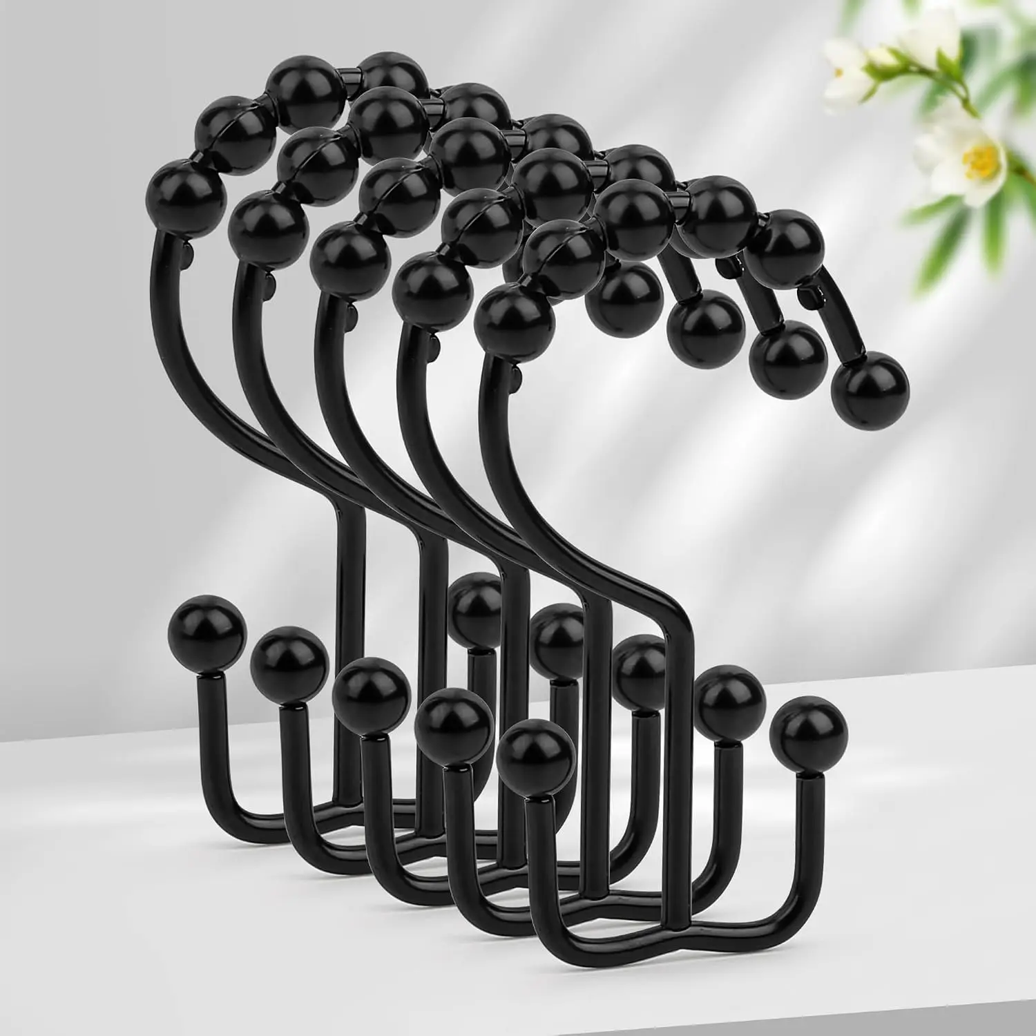 12 count Shower Curtain Hooks, Metal Double Shower Curtain Rings,Black | Glide Roller Shower Hooks, Rust-Resistant Anti-Drop Shower Rings, Smooth Sliding Hooks for Bathroom Shower Rods Curtains