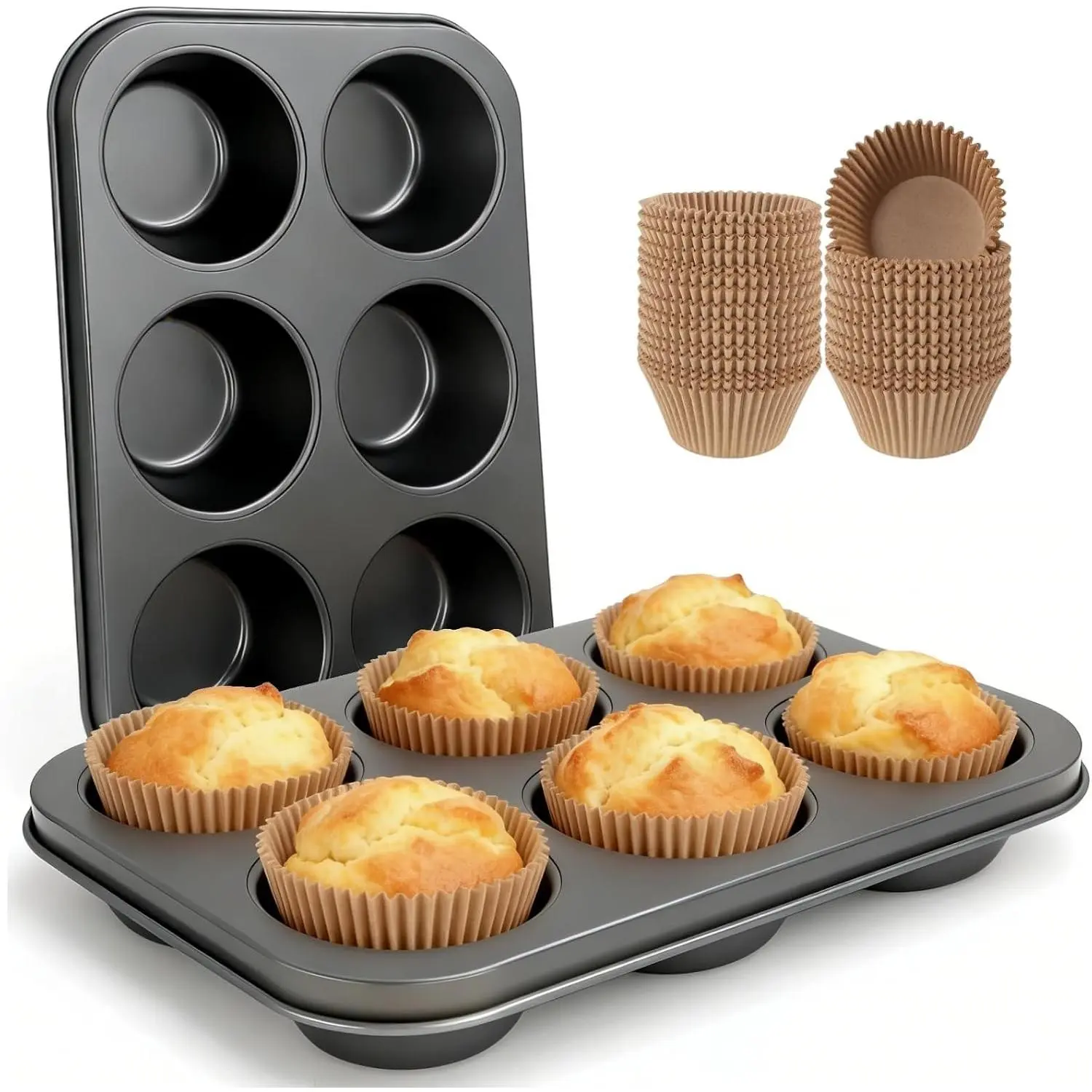 Artcochan 2 Pack Extra Large 6 Cup Nonstick Carbon Steel Muffin Pan, Jumbo Cupcake Tin with 50 Cupcake Liners for Baking Supplies