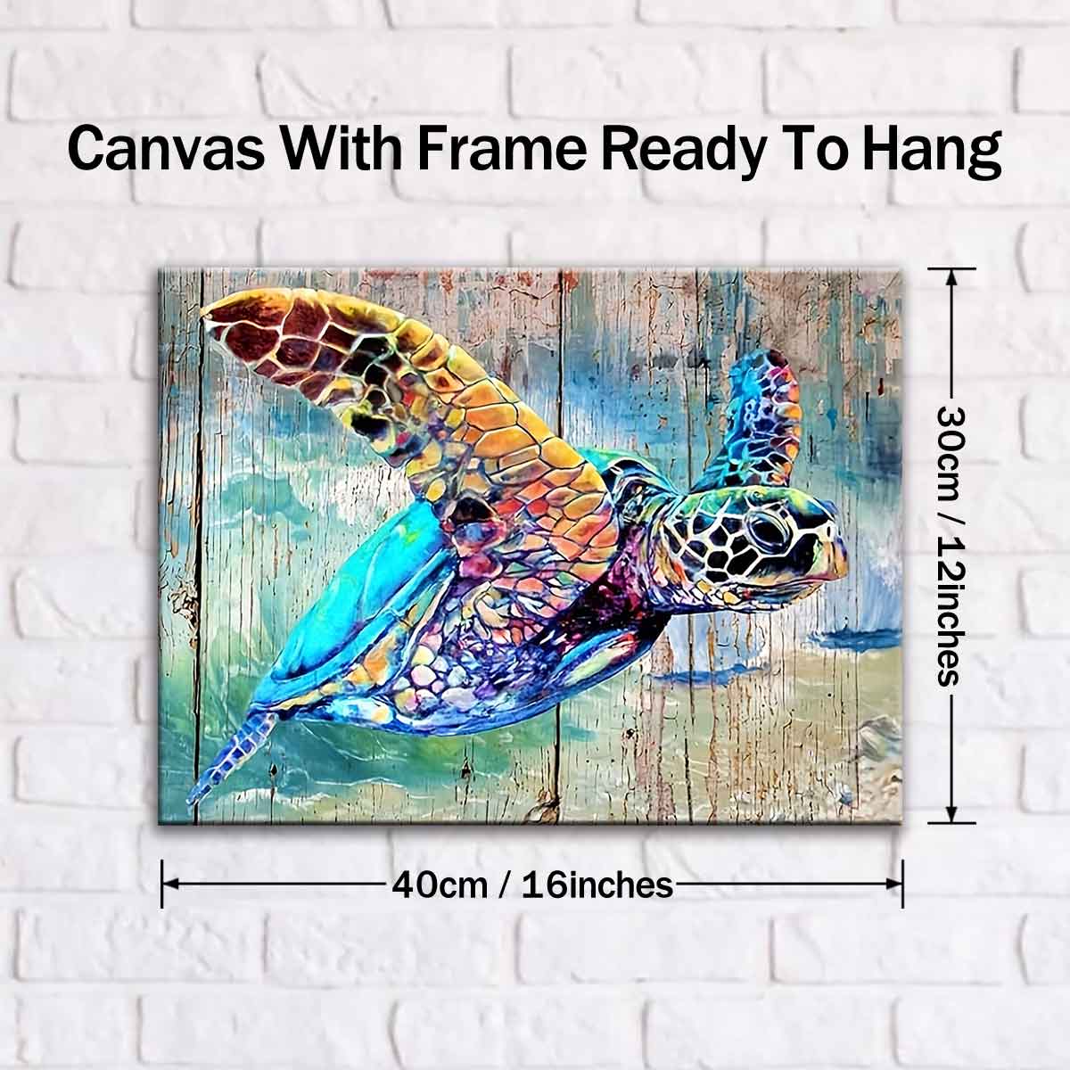 Colorful Sea Turtle Pattern Wooden Framed Canvas Painting, Ocean Vitality Poster, Modern Art Decoration, Wooden Wall Art, Home Decoration for Living Room Bedroom, Ornaments