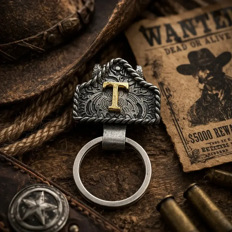 Handmade Cow Tag Belt Key Holder with Copper Initial - Custom Western Keychain for Men, Texas-Inspired Fashion Accessory for Keys, Bags & Gifting