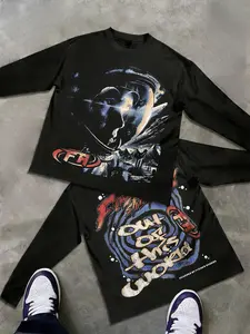 Unisex Street Style Casual Long Sleeve Fitted T-Shirt, Out of This World Slogan Print & Astronaut Graphic, Cyberpunk Space Theme, Punk Y2K Fashion,Suitable for streetwear, punk style, and Y2K fashion, Top