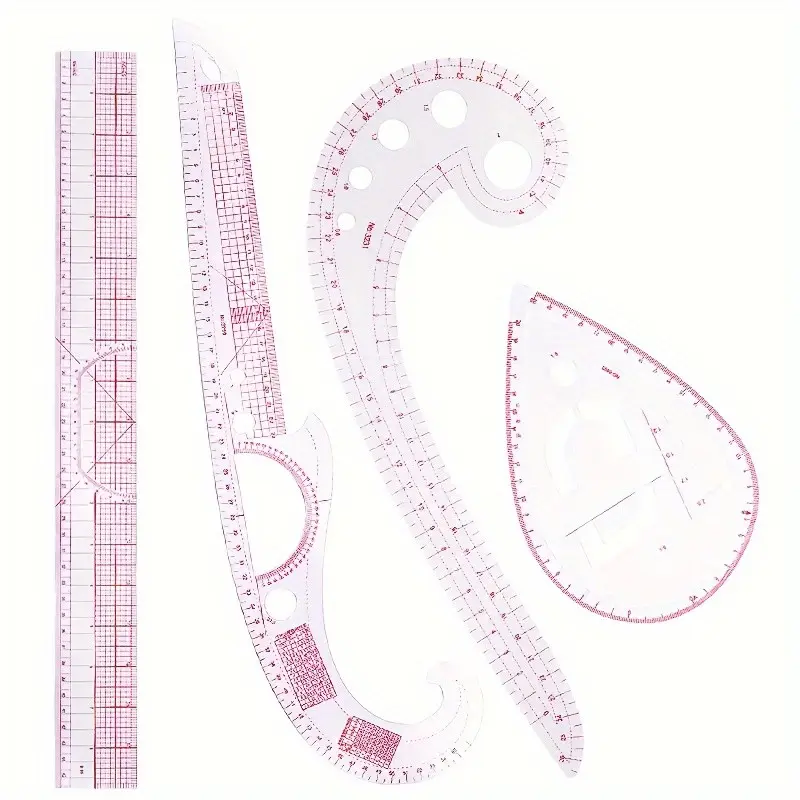 4-Piece Sewing Pattern Ruler Set, Transparent Smooth Edge, Full Arc Precision Cutting Tool, Essential for Fashion Designers and Craft Enthusiasts, Sewing Rulers