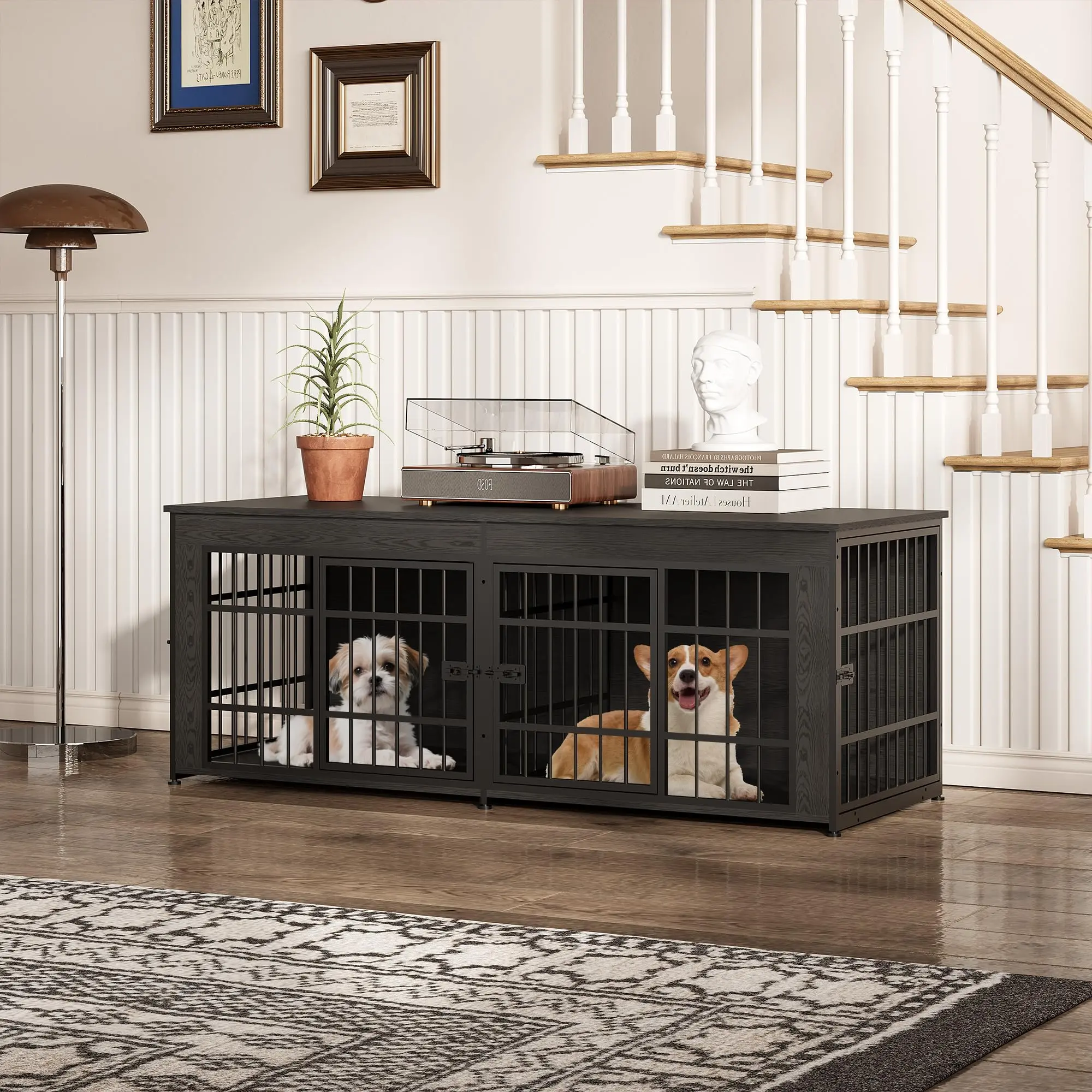 Heavy Duty Wooden Dog House Furniture Crate - Indoor Kennel TV Stand for 2 Small, Medium, or Large Dogs - With Divider, Spacious Top, End Table Design - Grey