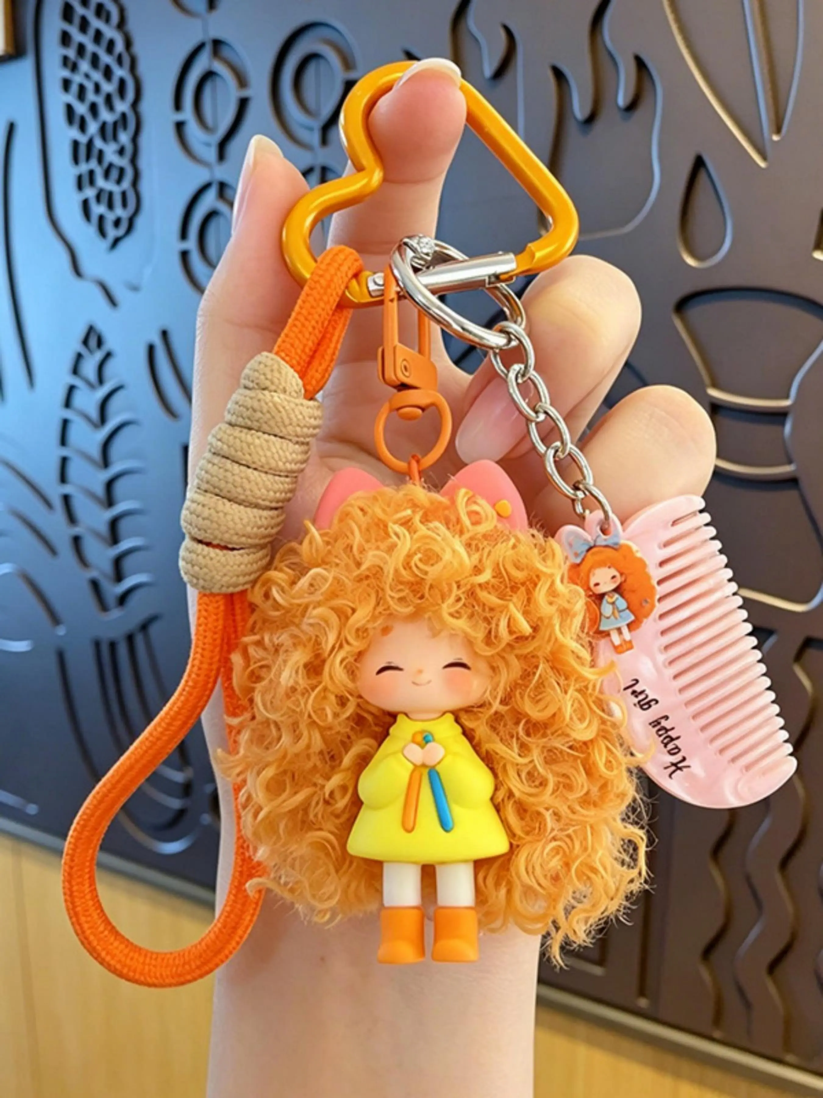 Cute Cartoon Doll Keychain, Mini Comb Keyring, Heart Lobster Clasp, Casual Kawaii Accessory, Backpack, Canvas Bag, Car Key Decor, Student Gift