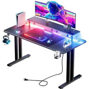 LED light game table & power socket, computer gaming desks & monitor stand, ergonomic carbon fiber game table, home office desk with cup holder, headphone hook and mouse pad, simple assembly summerwins