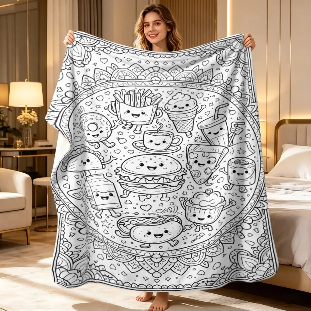 Coloring Stress Relief Hand Drawn Blanket, Mandala Border Cartoon Smile Fast Food Line Art Flannel, Holiday Gift Funny Throw Blanket