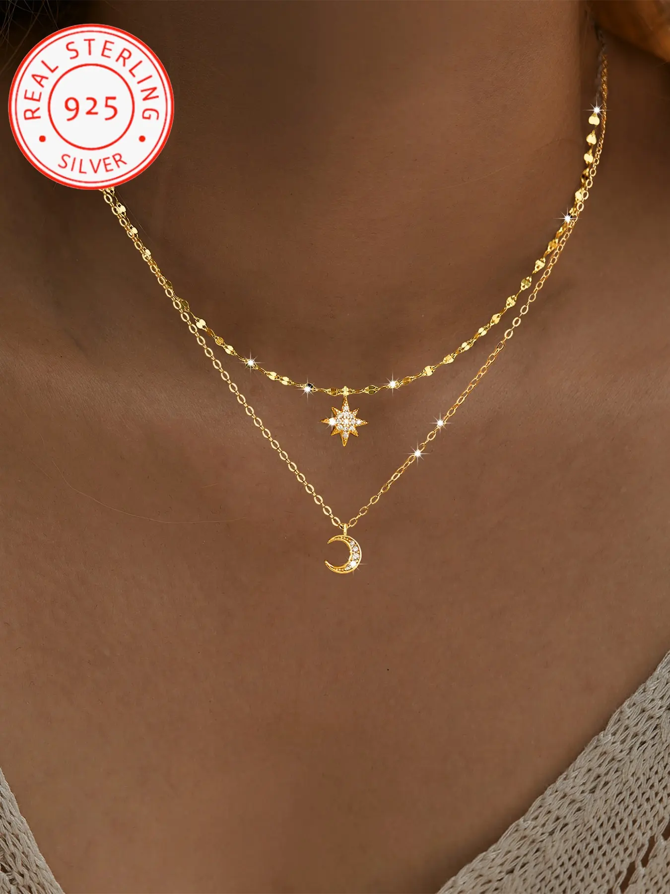 925 Sterling Silver Women's Double Layer Star Moon Zircon Celestial Pendant Necklace, Elegant Layered Jewelry, Perfect Gift for Holidays, Layered Chain Jewelry