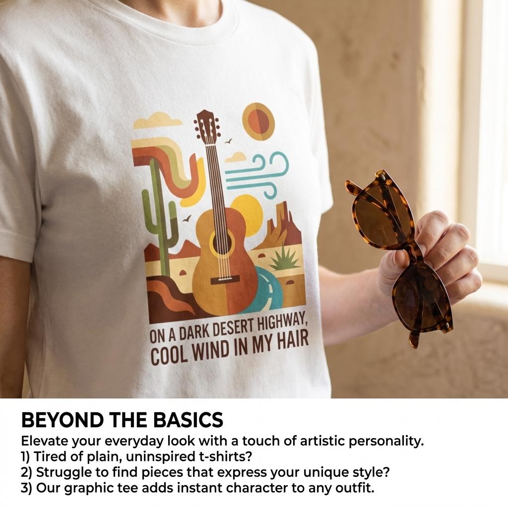 Vintage Acoustic Guitar Desert Highway T-Shirt,On A Dark Desert Highway Guitar T-Shirt, Retro Desert Road Trip Graphic Tee, Summer Vacation & Holiday Gift for Music Lovers kinich