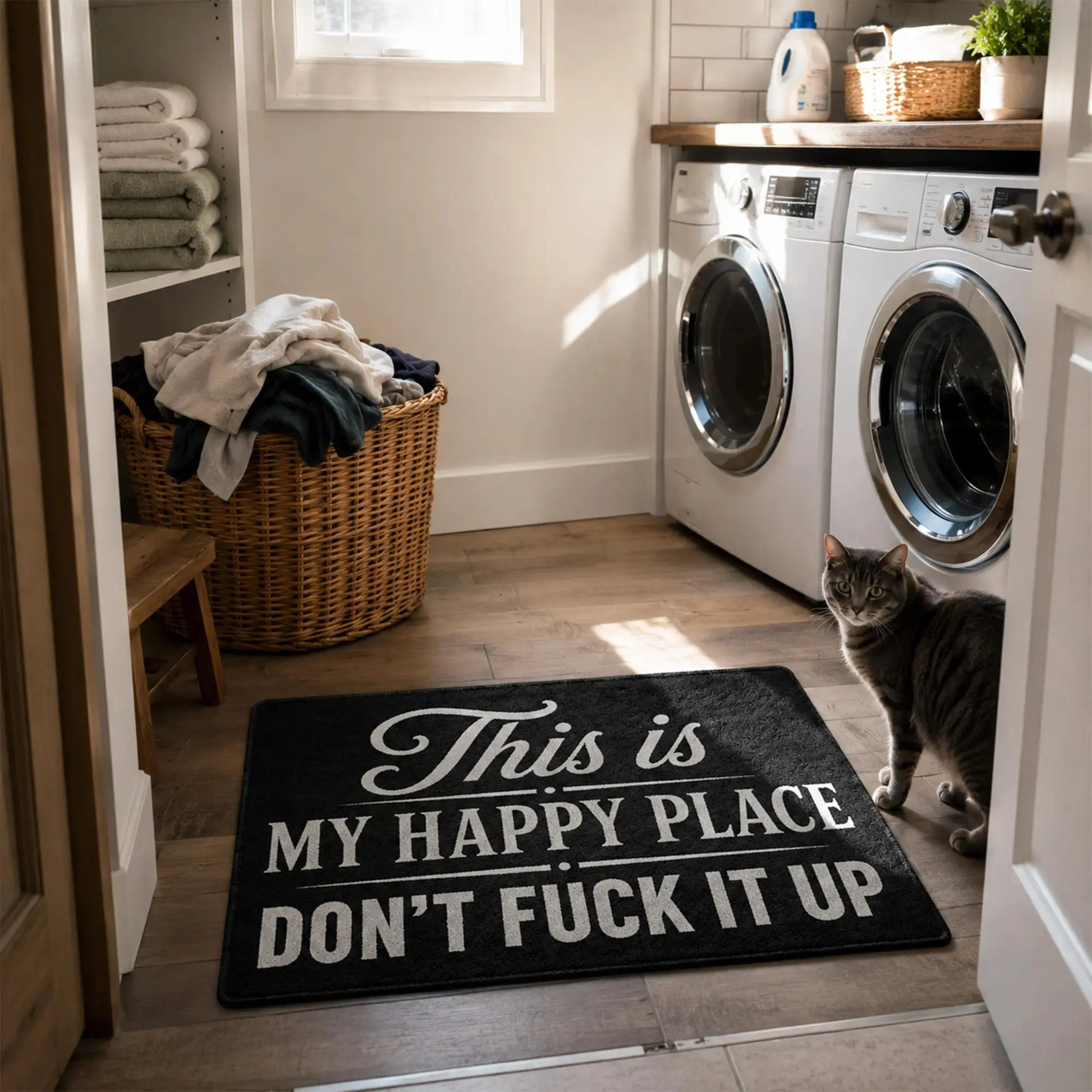Funny “This Is My Happy Place Don’t F*ck It Up” Flannel Floor Mat | Soft Indoor Rug for Entryway, Bathroom, Kitchen & Bedroom | 16x24 Inch, 20x32 Inch, 24x35 Inch | Summer Vibes