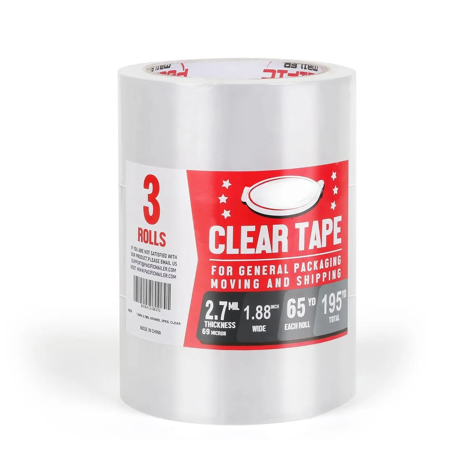 Packing Tape, 1.88 inch Wide x 65 Yards Per Roll, Clear, 2.7MIL Thickness Heavy Duty Packaging Tape Carton Tape for Shipping, Moving, Sealing [Pack of 3 Rolls]