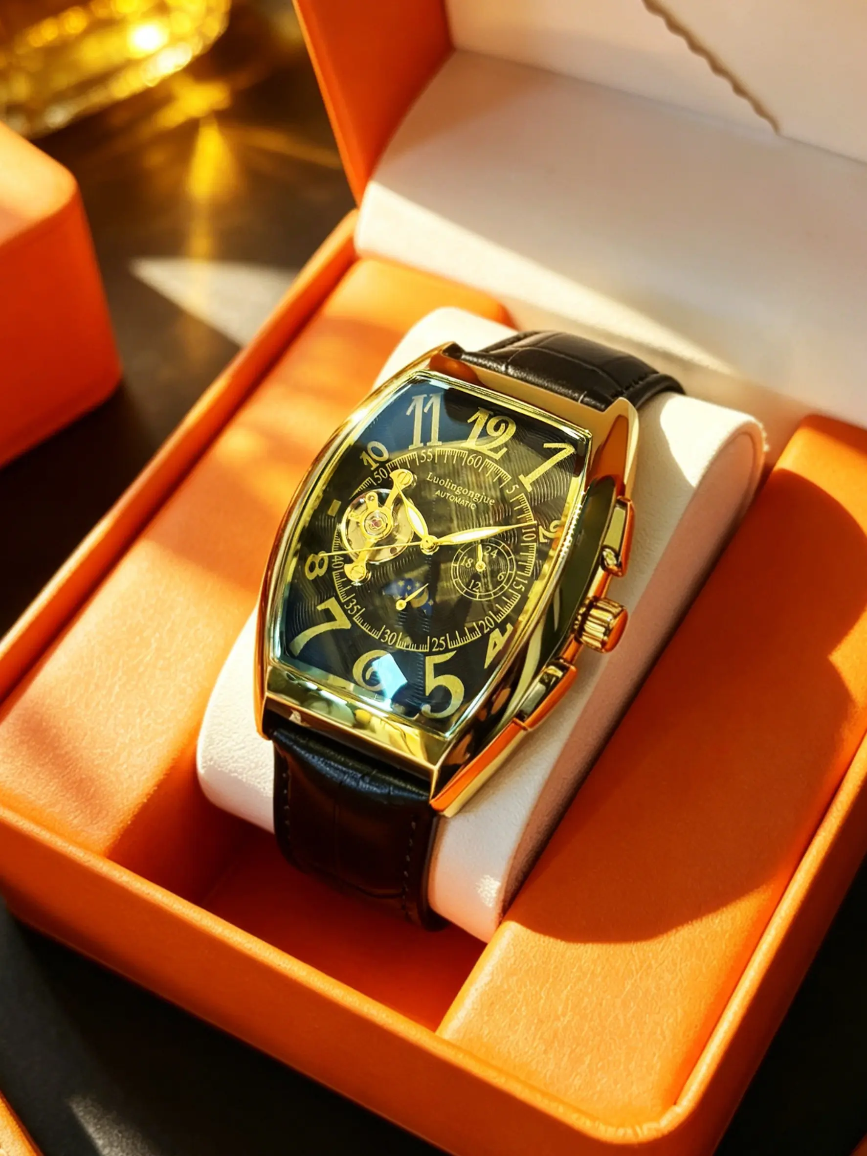 Barrel-Shaped Men's Mechanical Watch, Large Number Scale With Front Hollow Flying Wheel & Moon Phase Multi-Function Black Crocodile Pattern Strap Vintage Luxury Business Casual Men's Watch & Gift Box Packaging Analog Watches
