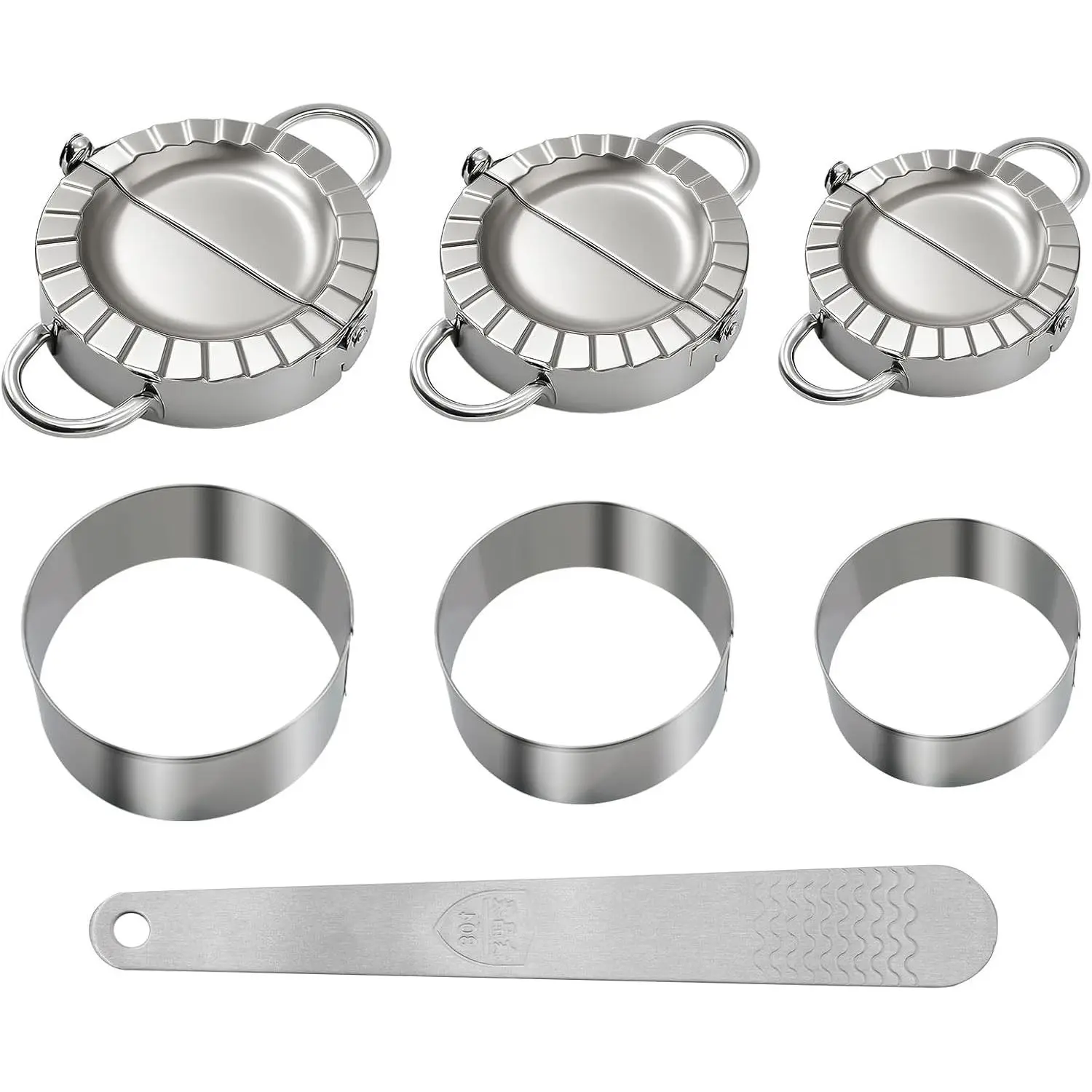 3-in-1 Stainless Steel Dumpling Maker Set - Professional Dumpling Press & Empanada Mold with Dough Cutters (3", 3.4", 3.8") Includes Stuffing Scoop Dishwasher Safe