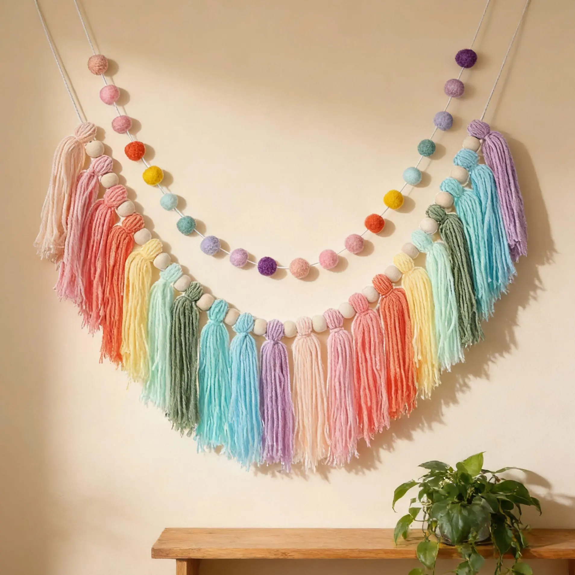 Ins Nordic Wooden Bead Tassel Garland with Pom Pom Ends, Colorful Woven Yarn Wall Decor Tassels, Kids Room Nursery Aesthetic Pastel Decoration, Macrame Indoor Recreation Photo Prop Backdrop