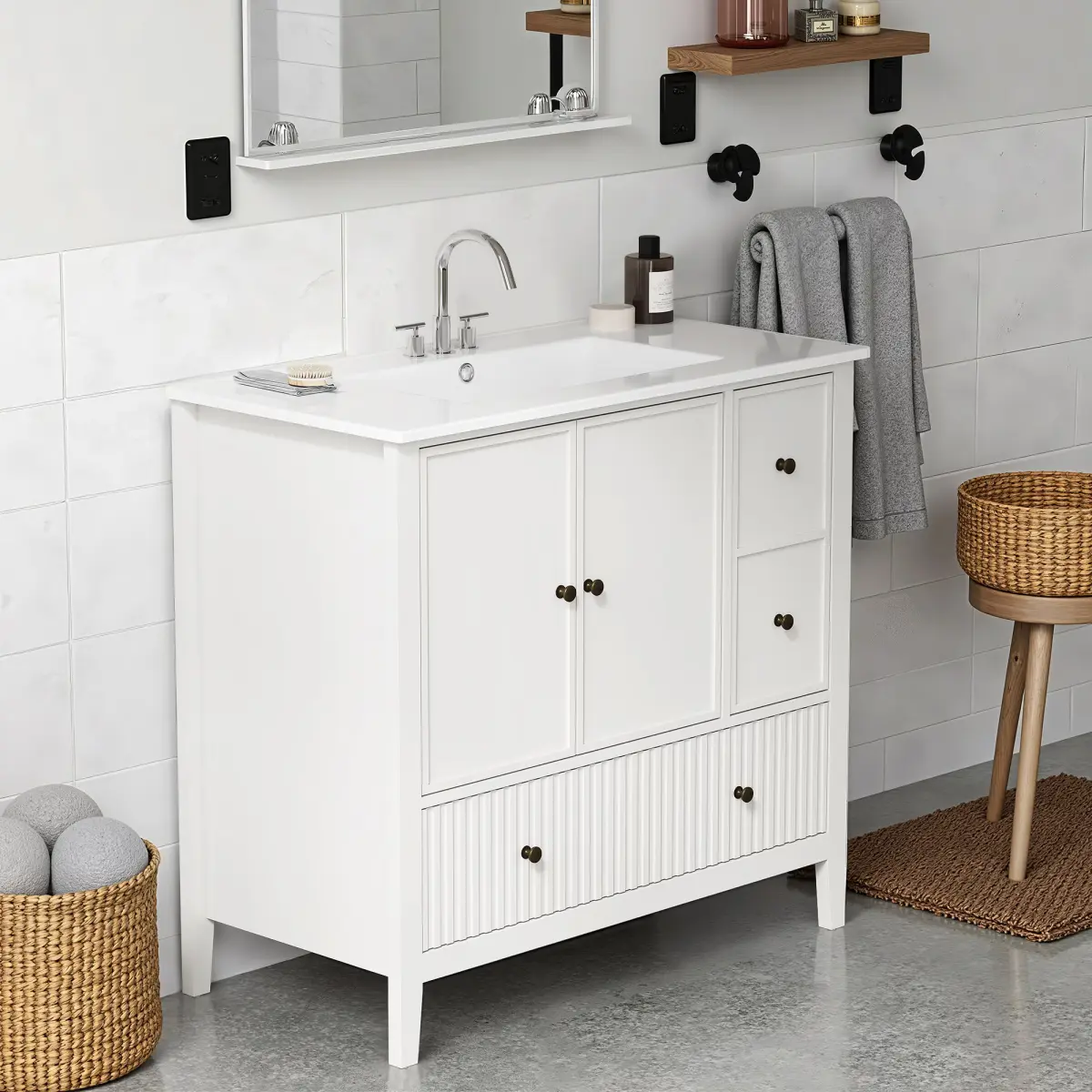 Aobtkel36'' Bathroom Vanity with Sink Set, Bathroom Storage Cabinet with Doors and Drawers, Modern Vanity Sink Cabinet with Painted Surface, White On-Site