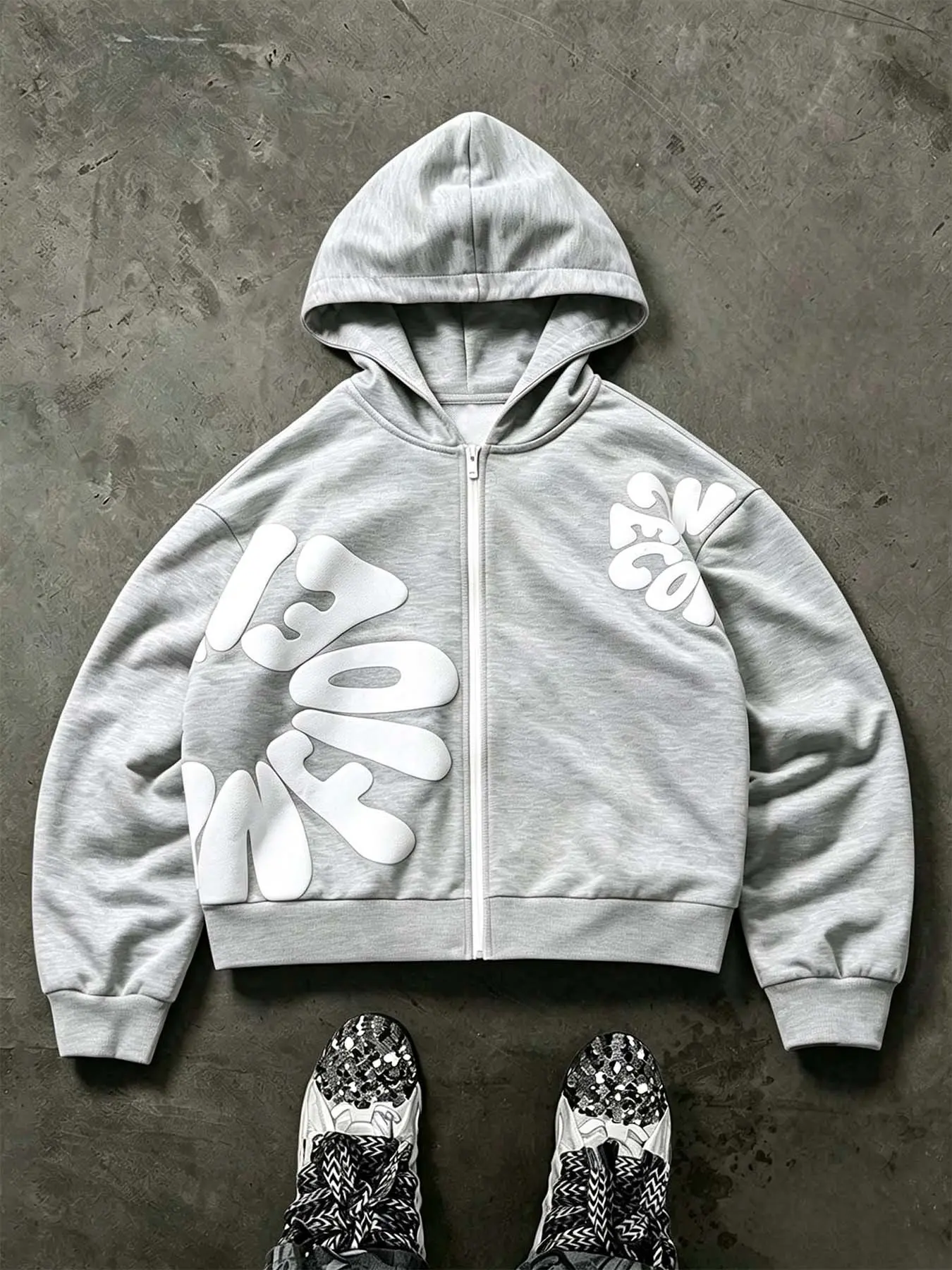 Men's Heather Gray Oversized Zip-Up Hoodie, Casual Streetwear Jacket with Bubble Text 3D Print, Retro Y2K Streetwear Outerwear for Fall, Campus Looks, Casual Outings, Parties, Travel, Weekend Wear, and Relaxed Minimalist Styling