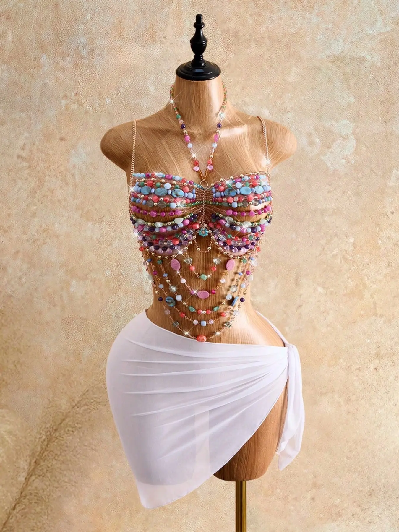 Bohemian Beaded Chain Camisole, Boho Sleeveless, Layered Chain & Gemstone Accent, Slim-Fitting Short Tank Top, Party Style, All Seasons
