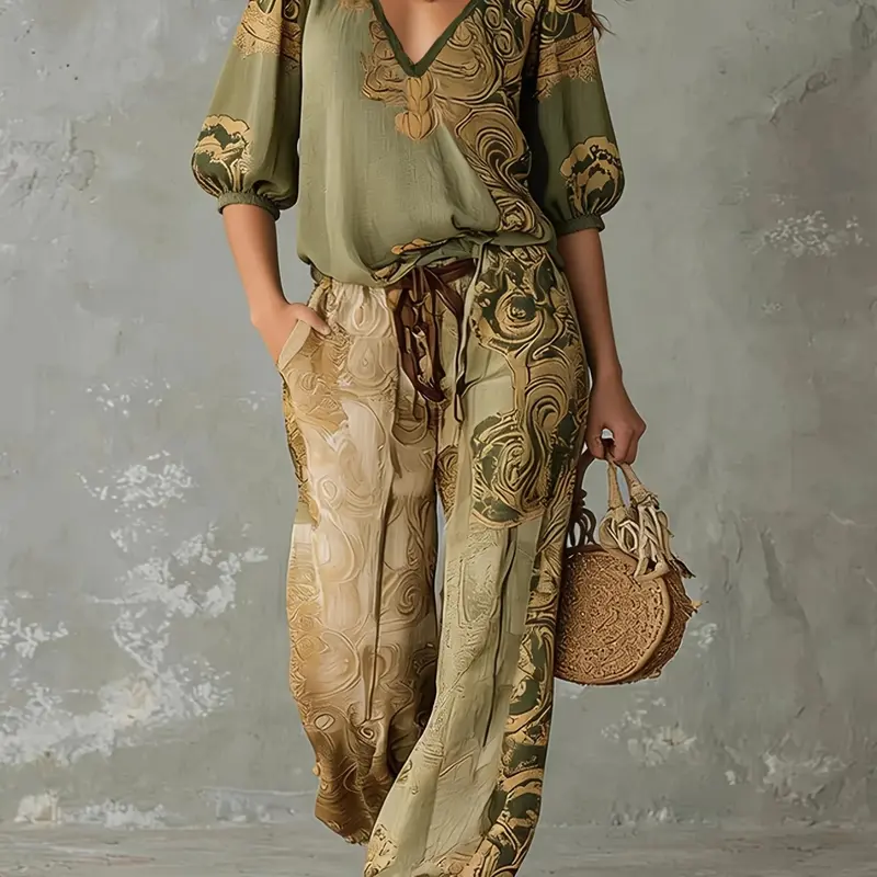 Women's Comfortable Stylish Bohemian Ethnic Print V-Neck Bubble Sleeve Top and Pants Set, Casual Retro Two-Piece Set, Boho Outfit Sets