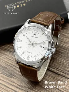 1PC men's wristwatch, Leather Strap Watch, Quartz analog wristwatch, Business fashion watches, IPS silver stainless steel case, simple date display, quartz movement, luminous, Roman numerals & bar scale, for daily use, gift for father or male friend