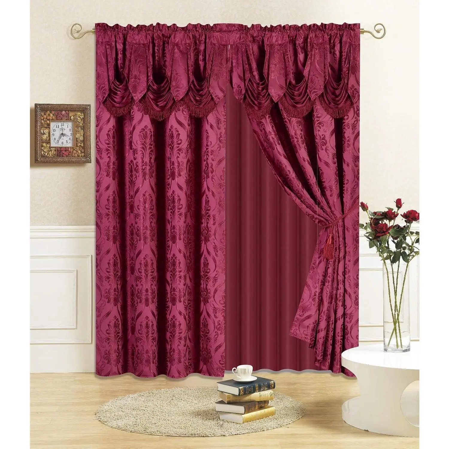 All American Collection New 4 Piece Drape Set with Attached Valance, Sheer & 2 Tie Backs, 84" Length, Burgundy