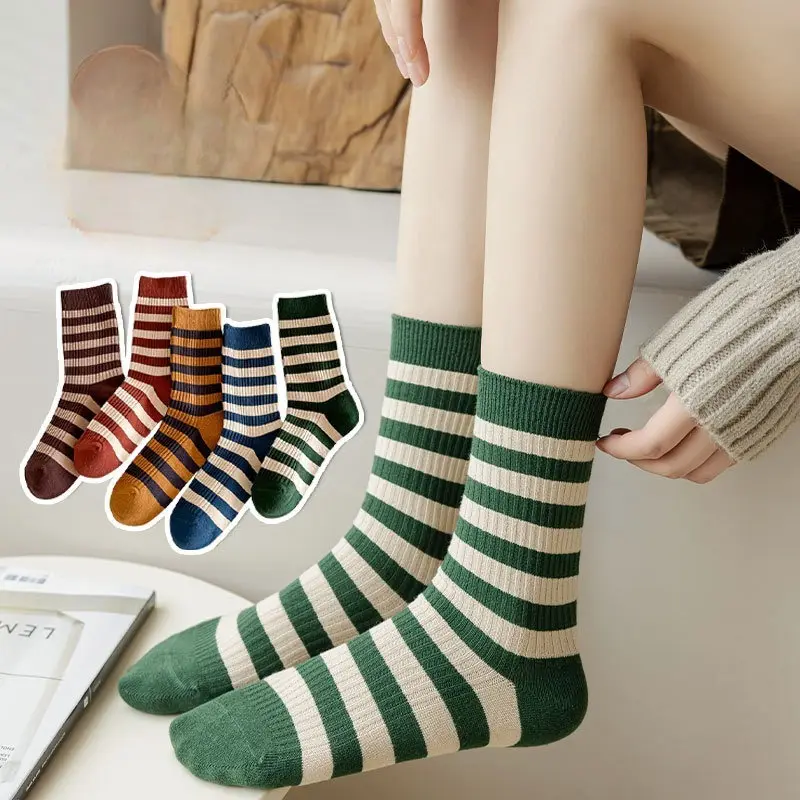 Cute Colorful Striped Socks 5 Pairs Retro Athletic Crew Socks for Women Home Fitness Outdoor Camping Travel Everyday Cozy Casual Essential Womenswear Bridal,clothes for back to school,first day of school outfits