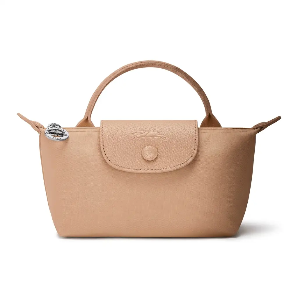Longchamp Printed Nylon Handbag for Women with Silver Hardware in Beige