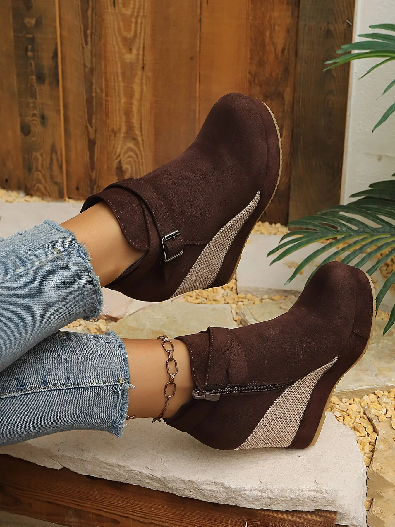Women's New Fall Winter Faux Fur Thick Sole Wedge High Heel Round Toe Casual Fashion Ankle Boots, Side Zipper, Cross Buckle Decoration