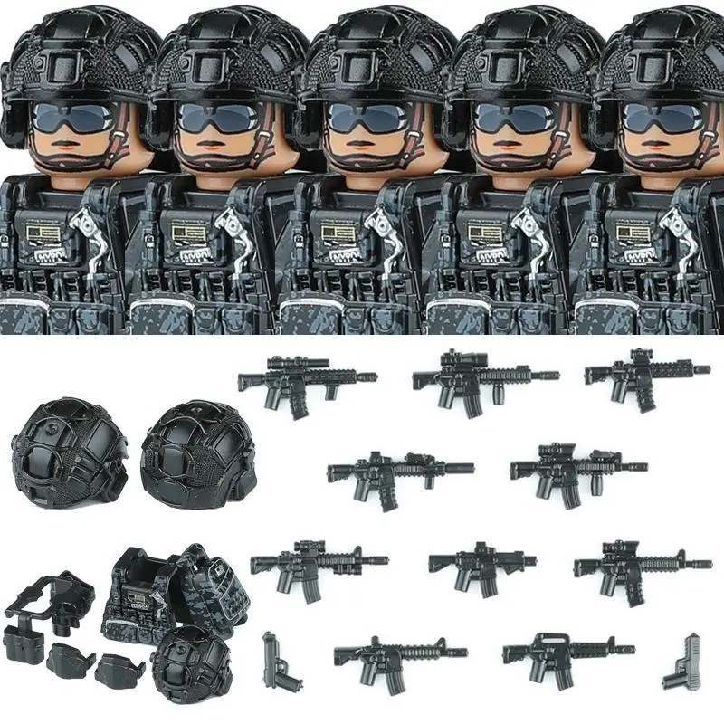 Military Commando Special Forces US SWAT Combat Helmet Building Block Modern City Police Assault Figure Weapons Backpack Toys