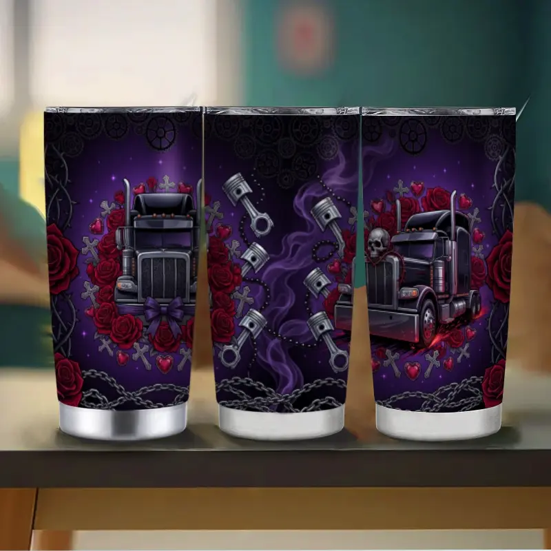 Gothic Big Rig Truck Stainless Steel Insulated Tumbler with Straw - Skull Rose, Piston Design Portable Sturdy Lightweight Vacuum Flask for Coffee, Hot/Cold Drinks, Long Hauls, Hardcore Trucker Gift
