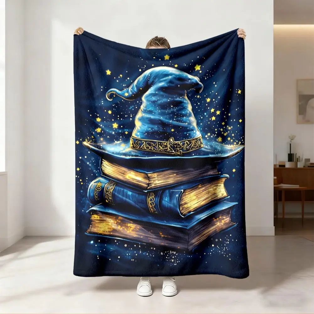 1 piece of navy blue star-bottom magic wizard hat and magic book print flannel blanket gold starlight runic print machine washable can be used for sofa cover blanket office camping sofa blanket all year round Cozy Throw Blankets