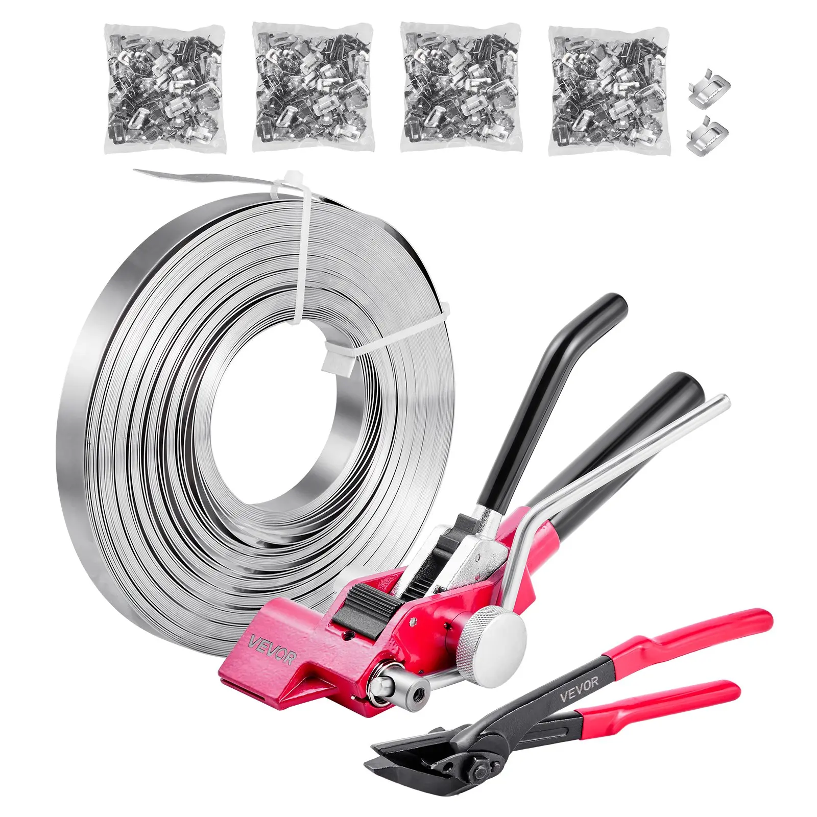 VEVOR Steel Banding Strapping Kit, Heavy Duty Banding Sealer Tool with 400 ft Binding Straps, 400 Metal Clasps, Manual Pallet Packaging Strapping Kit for Warehouse, Transportation, Industrial Bundling