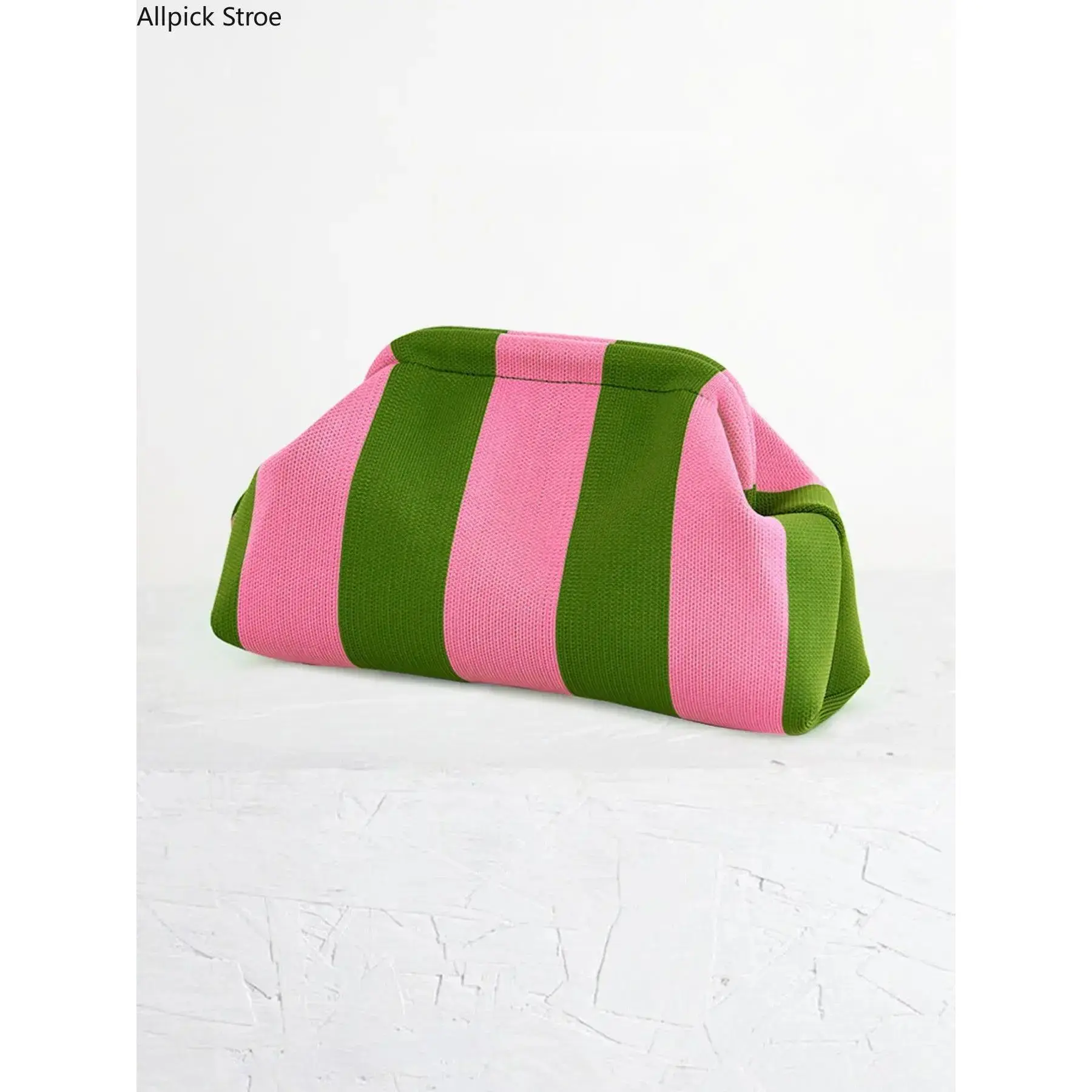 Women's Chic Colorblock Geometric Striped Fashion Clutch Bag - Baby Pink & Light Green Cloud Motif, Clip Closure, Lightweight Foldable, Multi-Compartment, Modern Soft Knitted, Ideal for Daily Use, Parties, Knit Fabric, Neat Pocket Layout, Party‑Ready Look