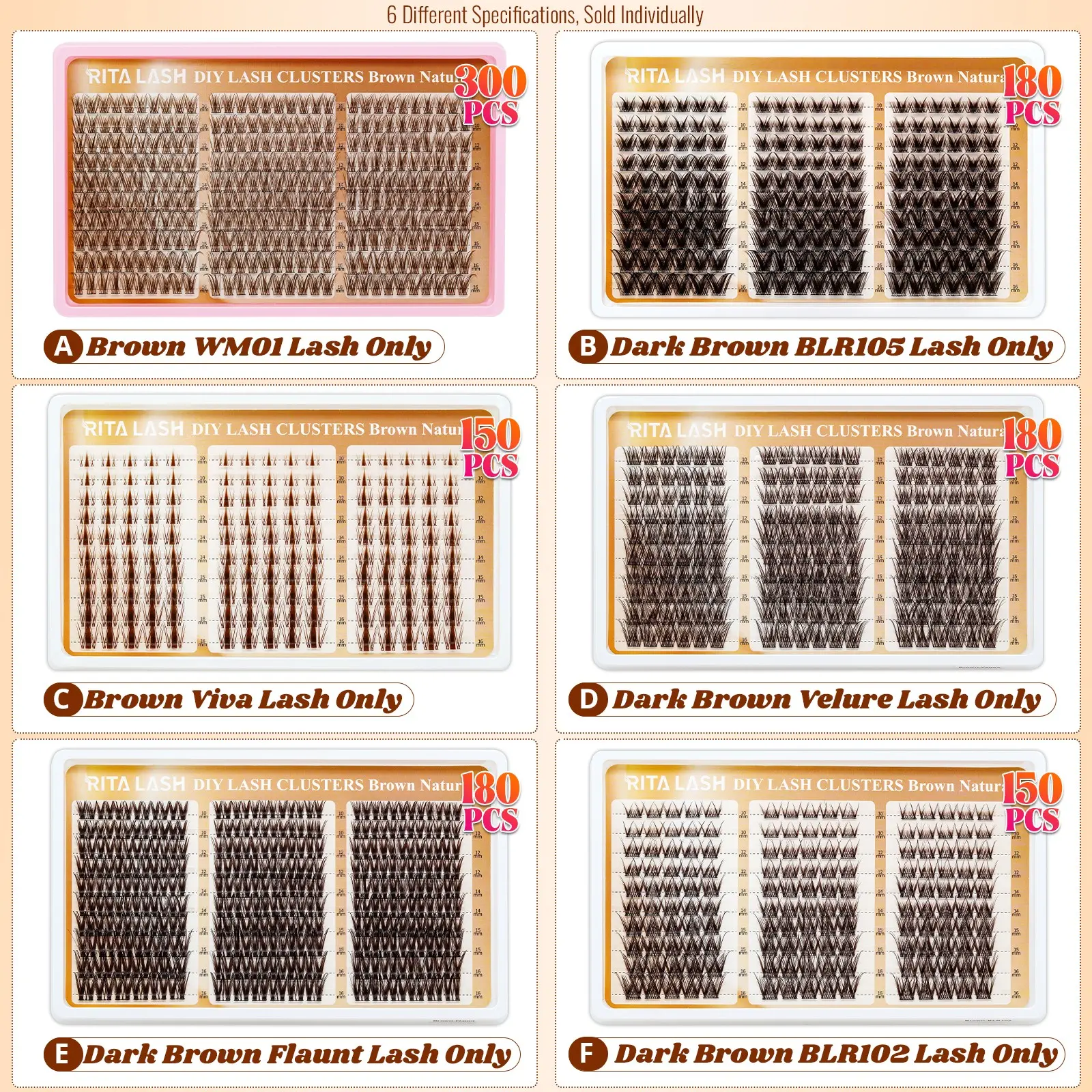 RITALASH 300/180/150PCS Brown Lash Clusters Dark Brown Wispy False Lash Extensions 10-16MM D-Curly Individual Lashes, Efforetless Application DIY at Home for Daily Life (WM01-BLR105-Viva-Velure-Flaunt-BLR102)