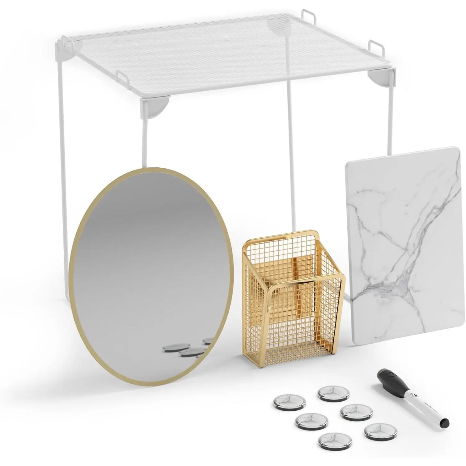 Locker Organizer Kit, 11 Pcs, White & Gold, Cute Locker Décor Kit |   Eleven pieces: a 12 inch stackable metal shelf holding 25 lb, gold-framed mirror, wire cup, marble board, six magnets.