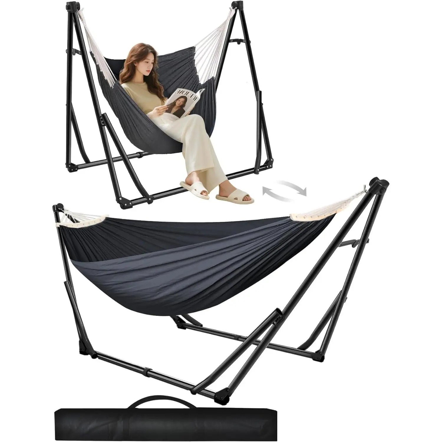 2-in-1 Cotton Weave Single Person Hammock & Swinging Chair, Collapsible Steel Stand, Adjustable Height, Tool-Free Setup, Portable with Carrying Case, for Outdoor Camping, Patio, Two-In-One