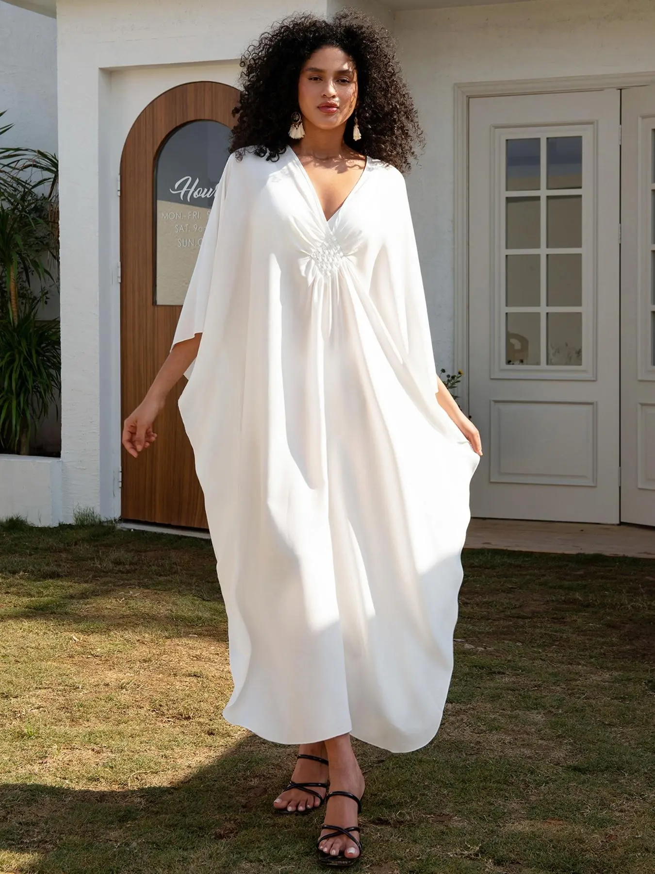 Women's Batwing Sleeve Boho Kaftan Dress, Casual Deep V Neck Long Dress for Summer, Women's Modest Clothes for Vacation Party, Caftan