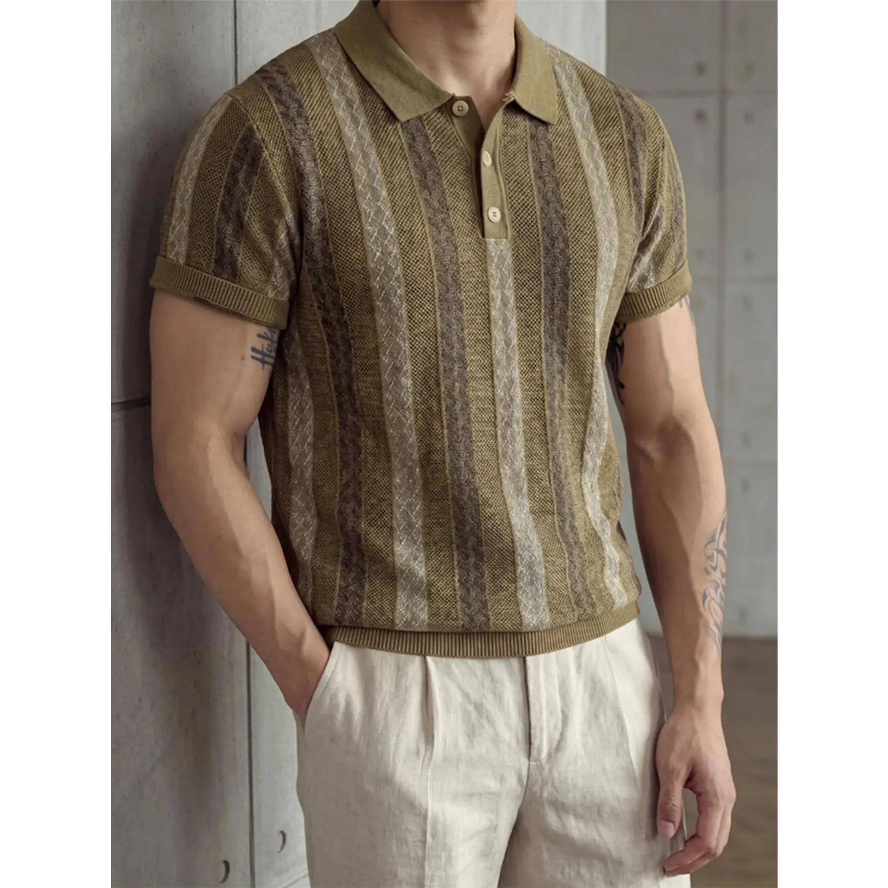 Vertical multi-texture stripe knit short sleeve polo shirt with notched lapel collar and three-button placket, slim breathable lightweight knit fabric ribbed cuffs & hem retro textured top staple for sophisticated casual modern mensfashion styling