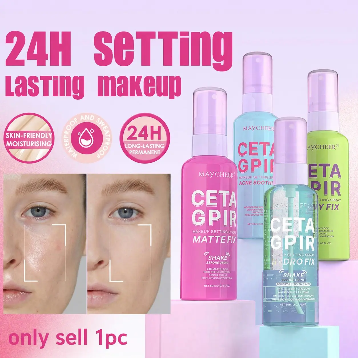 Maycheering Get Grip Matte Water Gloss Setting Spray, Makeup Setting Mist, Makeup Fixing Spray - 2.03oz Waterproof Oil Control Moisturizing Setting Spray, Light Lasting Formula, Anti-smudge, All Day Lasting Setting for Sensitive Light Skin