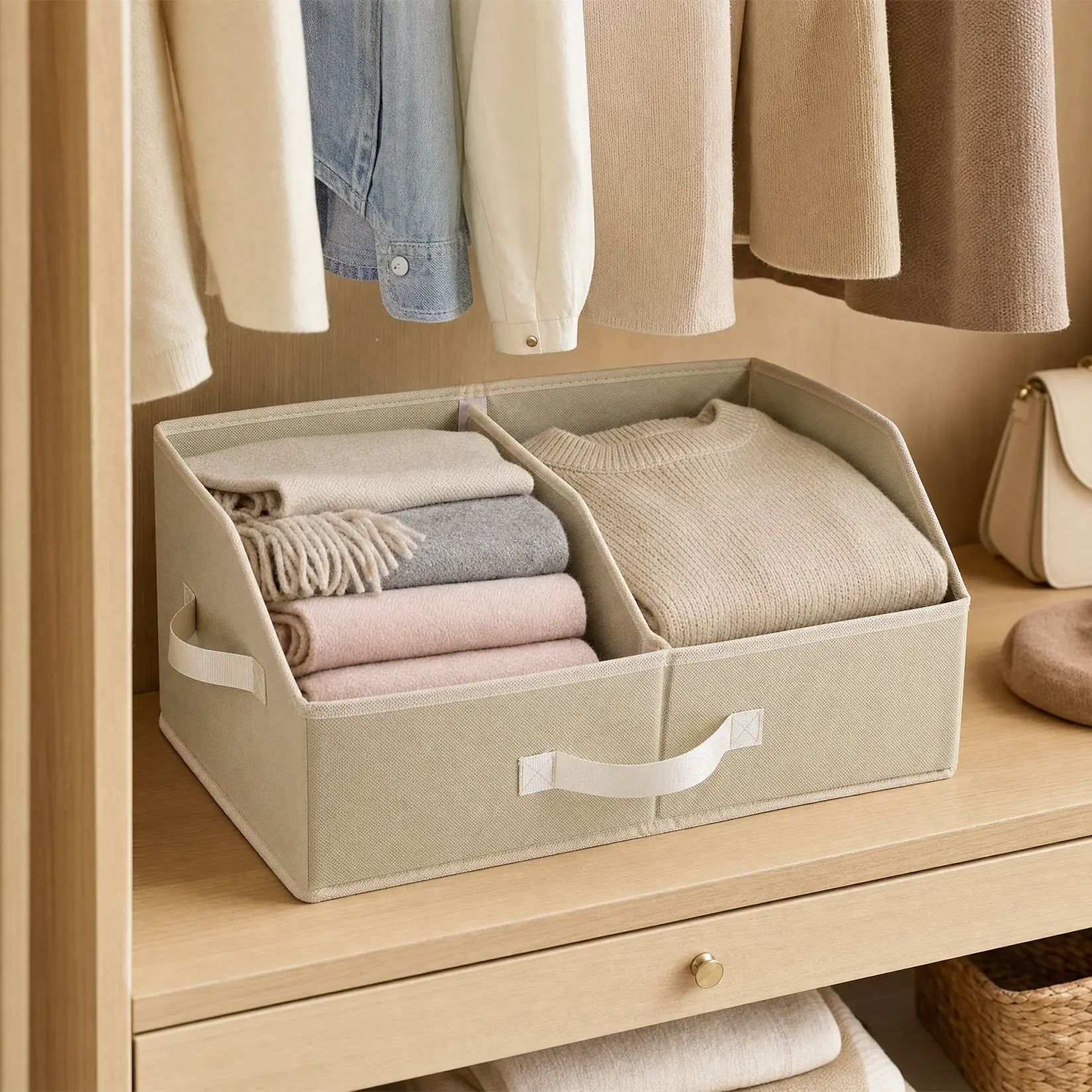 Closet Shelf Organizers and Storage, Adjustable Divider Fabric Storage Bins, Linen Closet Organization Bins with Handles, 16.5×11×7.9 Inch Non-Woven Fabric Wardrobe Organizers, 3/6-pack