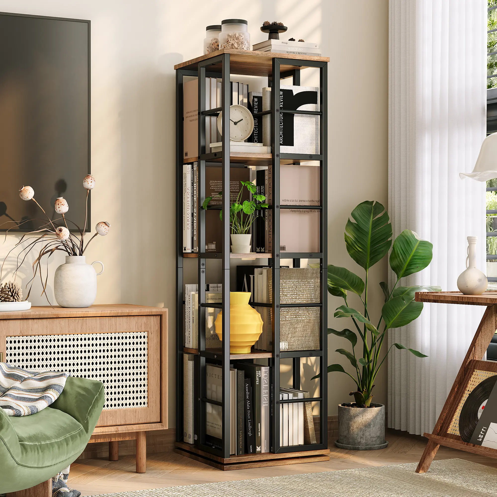 Garvee 4-Tier Rotating Bookshelf Tower, 54" Tall 360° Swivel Spinning Corner Bookcase - Industrial Metal Frame - Slim Space-Saving Vertical Storage & Display Shelf for Office, Living Room, Bedroom, Corner Shelf, Display Rack, Spinning Bookshelf