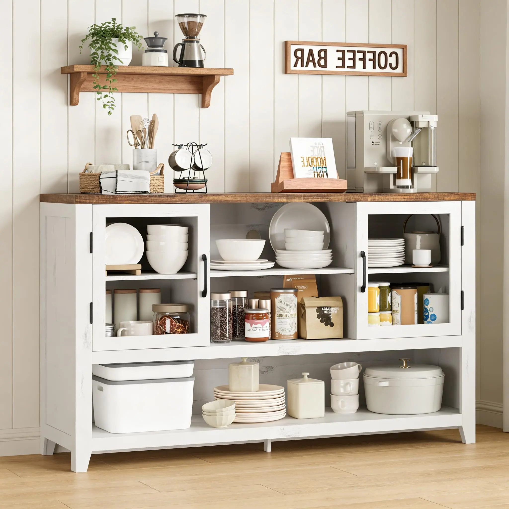 53.2"w x 15.6"d x 33.5"h Durable Kitchen Buffet Sideboard Cabinet - 66lb Coffee Bar Table with 2 Glass Doors, 3 Shelves, Assembly Required, Large Entryway Table for Living Room, Dining Room