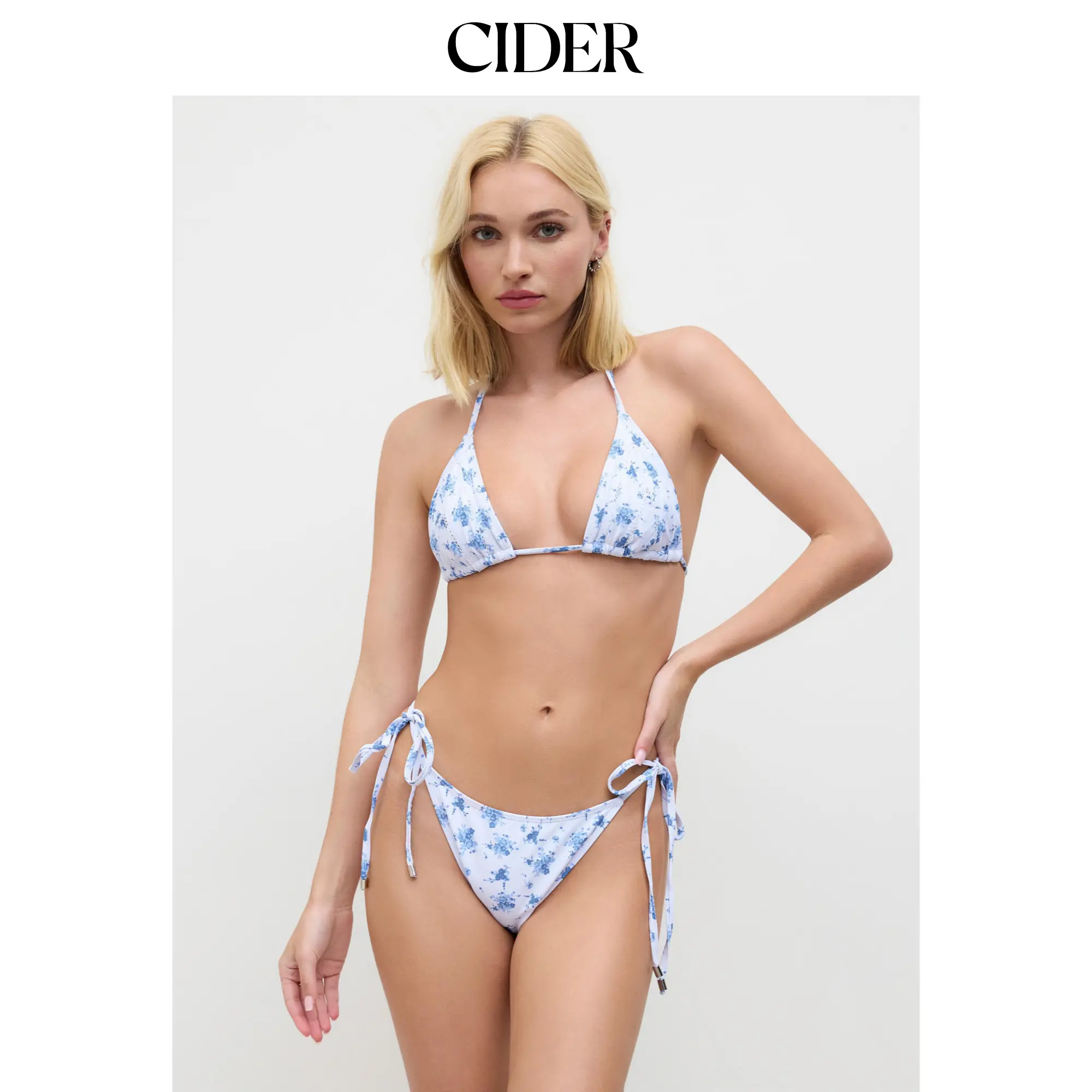 Cider Halter Neckline Floral Triangle Tie Side Bikini Set