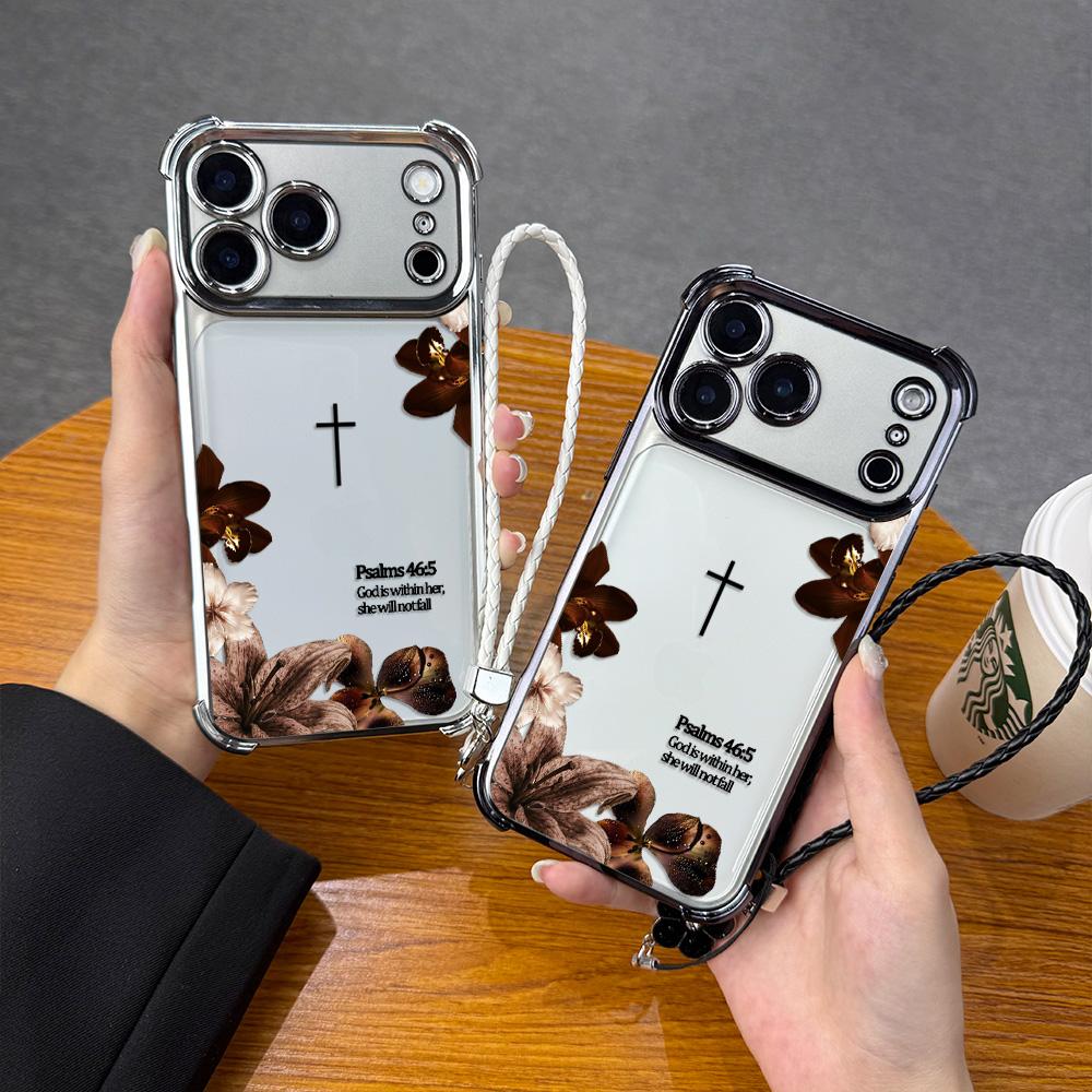 Premium Plating Edge Bible Verse Case With Hand Strap For iPhone Samsung Galaxy 17Pro Max Air 16 15Plus 14 13 12 11 XR XS S25 S24 S23 S22 Aesthetic Cross Floral Case For Religious Women Daily Decor.NN129