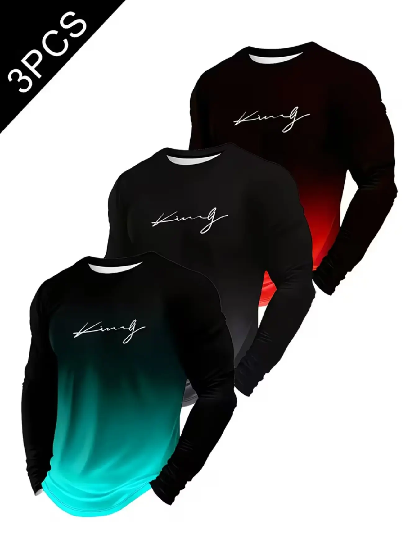 3-Pack Men's Long Sleeve T-Shirts, Gradient King Print, Regular Fit, All-Season Comfort, Round Neck, Soft Fabric, Casual