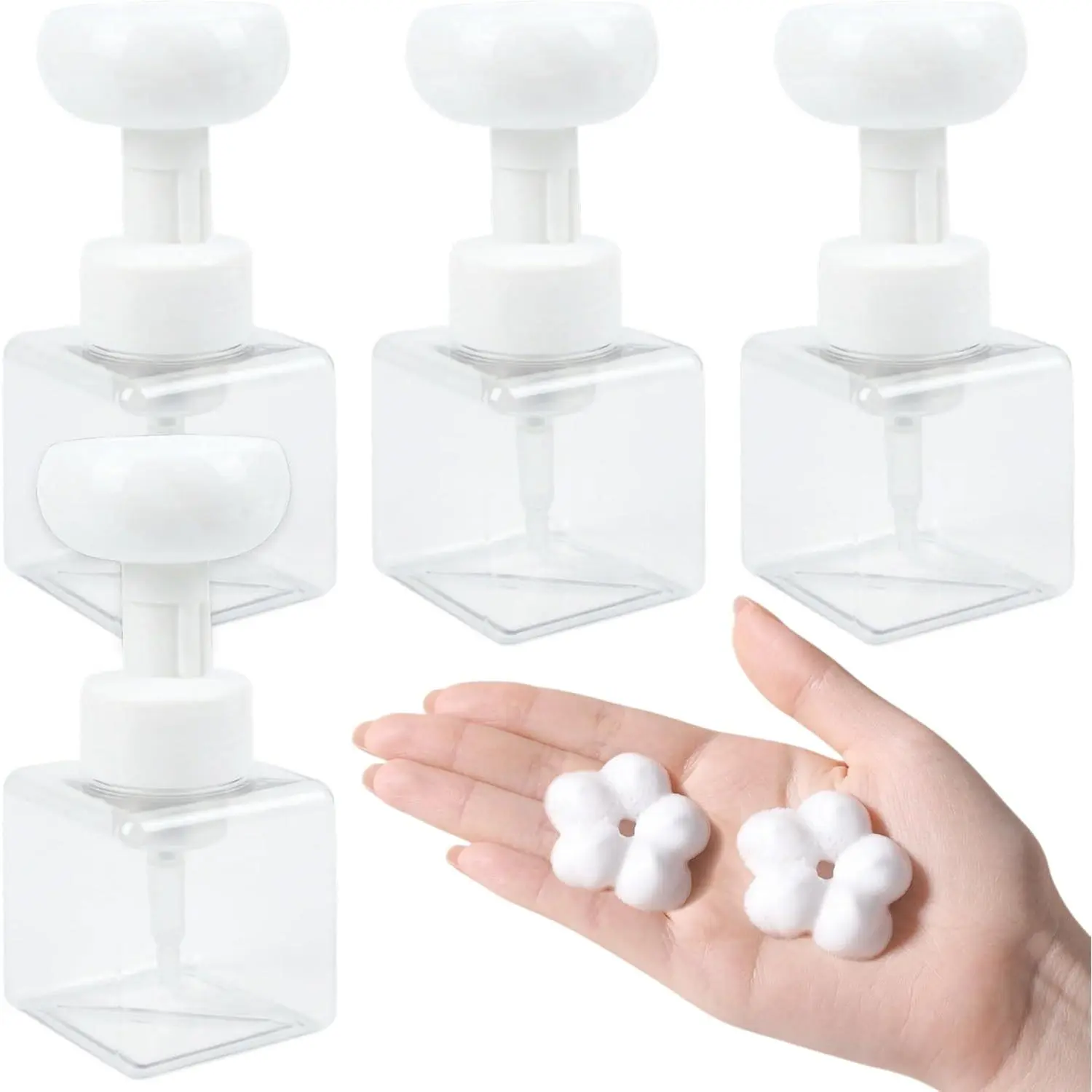 4Pcs Compact Flower Foam Soap Dispensers, 250ml/8.4oz Reusable Transparent Plastic Pump Bottles, Refillable Empty Liquid Containers for Bathroom Hand Wash, Kitchen Body Wash, Tabletop